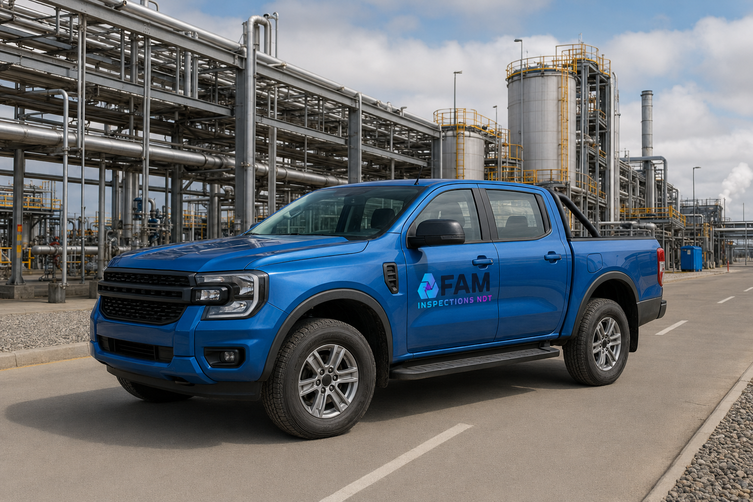 Ford Ranger azul de FAM Inspections NDT en terreno industrial