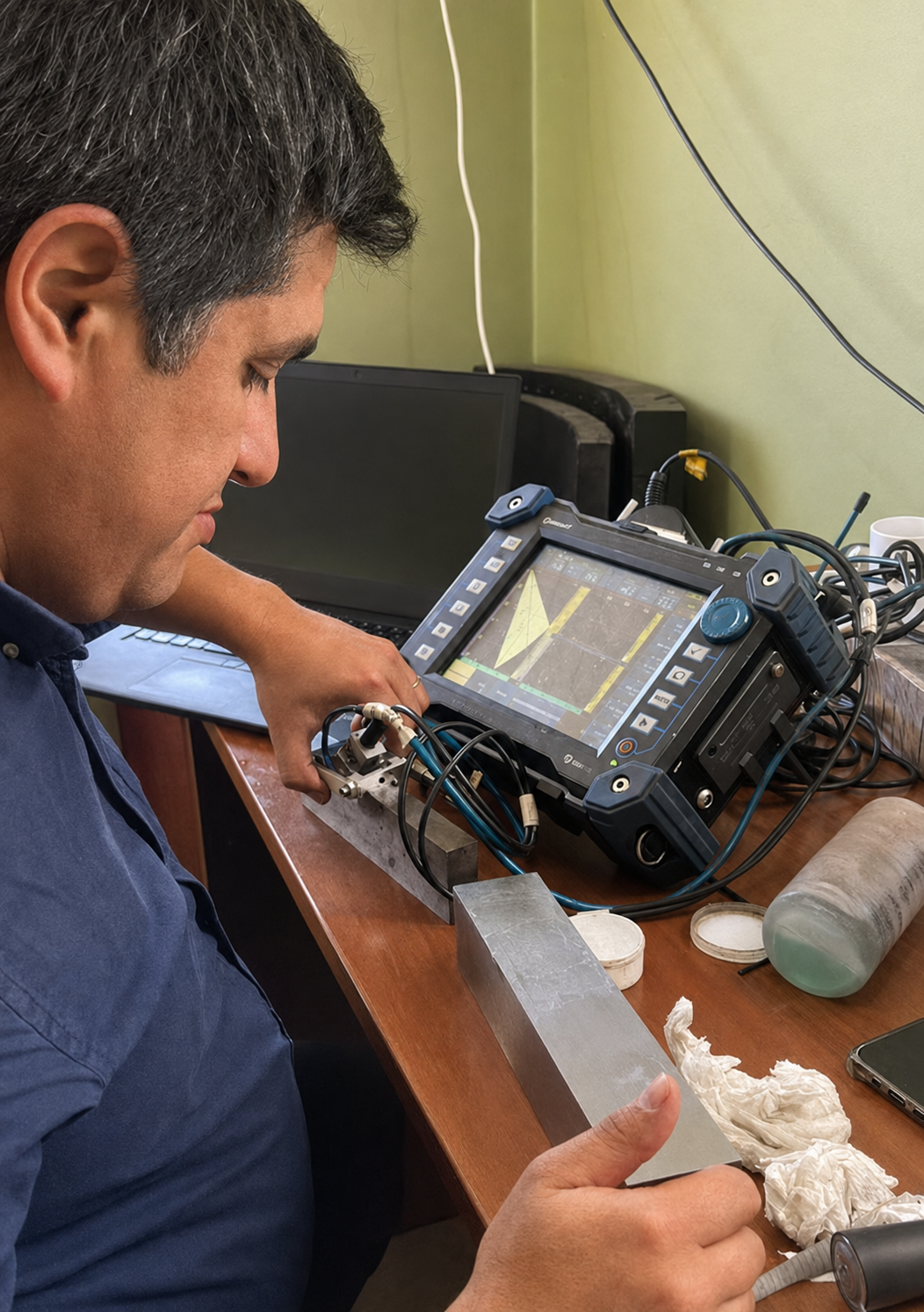 Inspector configurando un equipo de ultrasonido para evaluar una probeta