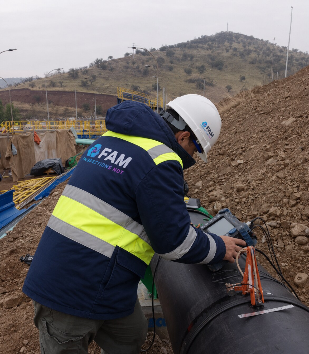 Inspector FAM aplicando ultrasonido Phased Array mediante escáner codificado sobre una tubería de HDPE