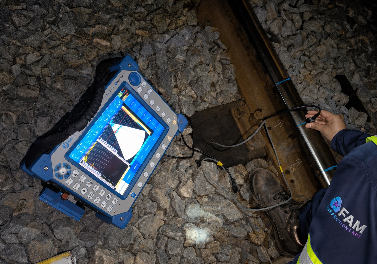 Inspector FAM realizando inspección ultrasónica de un riel ferroviario en terreno