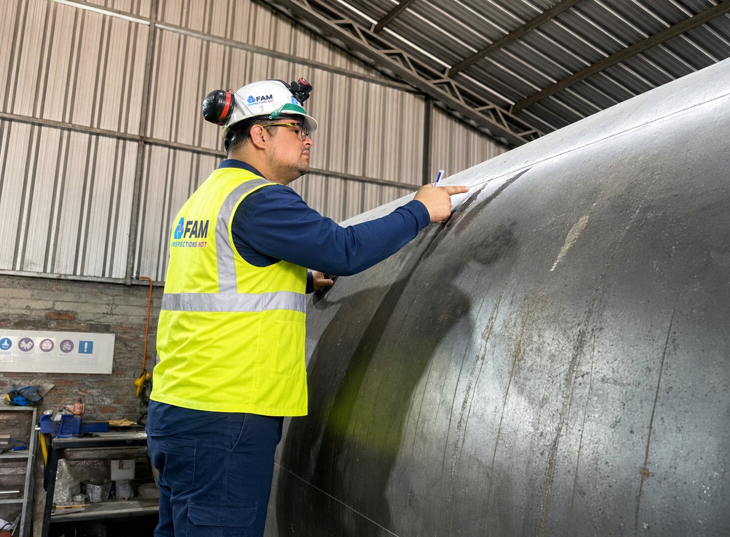 Inspector FAM verificando la fabricación de un componente industrial de gran diámetro